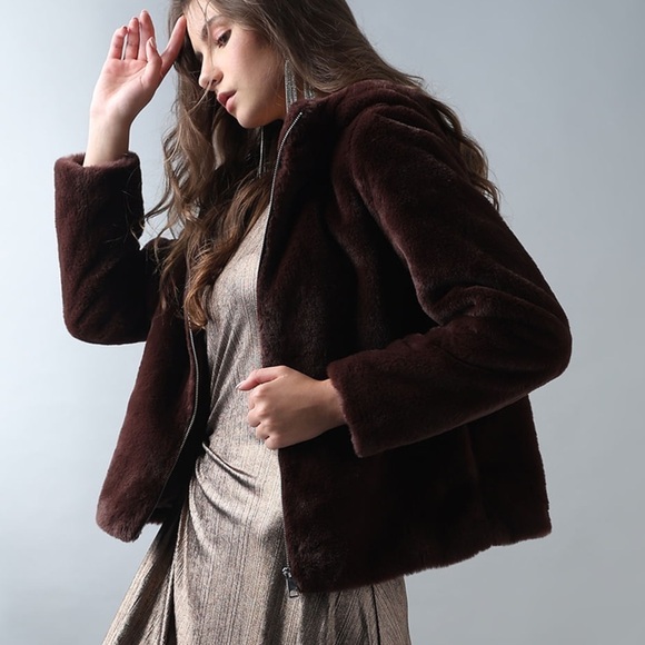 Vero Moda brown faux fur hooded jacket - Picture 8 of 9